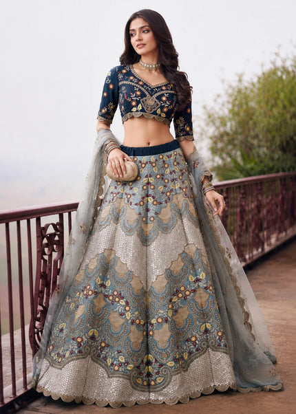 Blue and Grey Embroidered Lehenga choli
