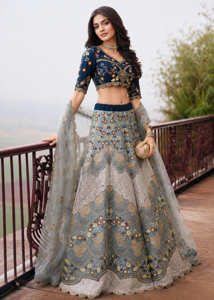 Blue and Grey Embroidered Lehenga choli