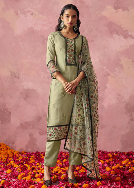 Green Embroidered Pant Suit
