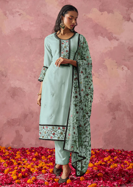 Sky Blue Embroidered Pant Suit