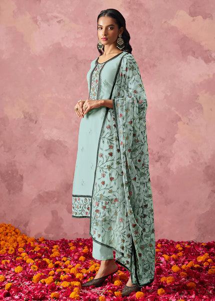 Sky Blue Embroidered Pant Suit