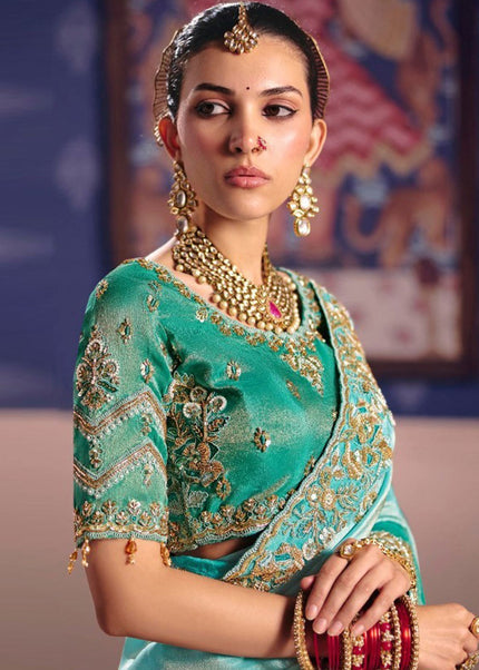 Teal Embroidered Wedding Saree