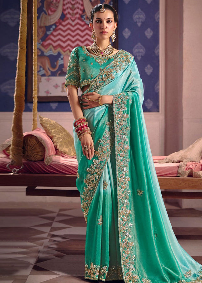 Teal Embroidered Wedding Saree