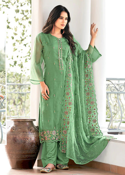 Green Embroidered Pant Suit