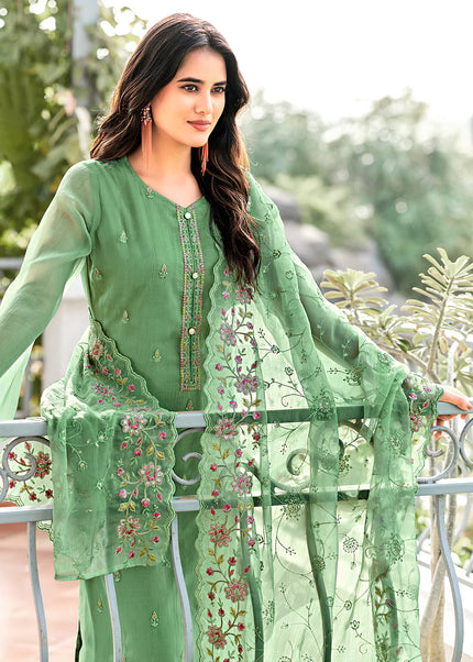 Green Embroidered Pant Suit