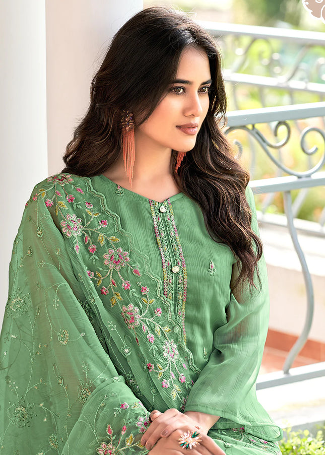 Green Embroidered Pant Suit