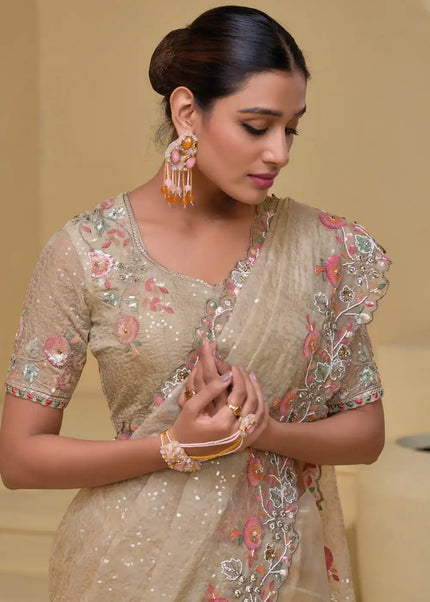 Beige Embroidered Banarasi Tuscany Saree