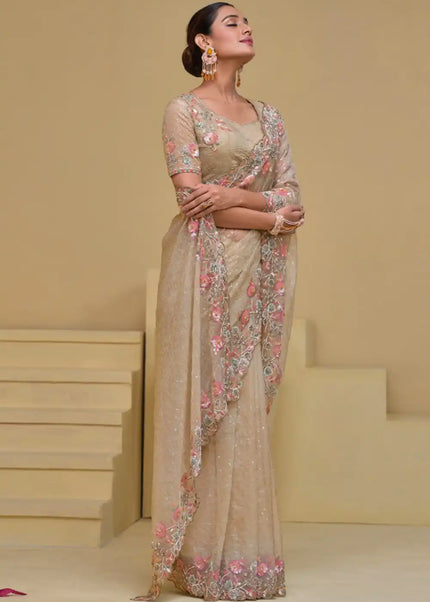 Beige Embroidered Banarasi Tuscany Saree