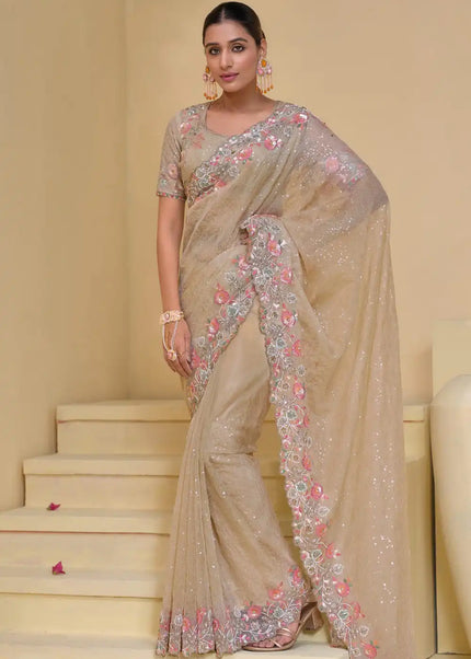 Beige Embroidered Banarasi Tuscany Saree