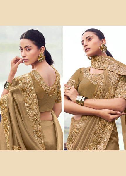 Beige Embroidered Wedding Saree