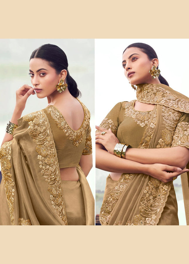 Beige Embroidered Wedding Saree