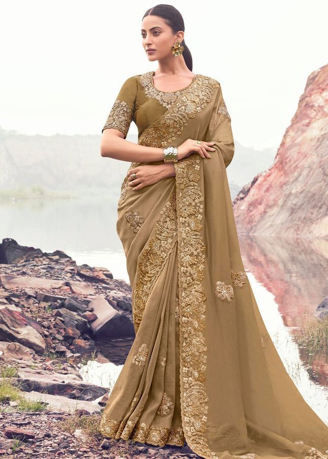 Beige Embroidered Wedding Saree