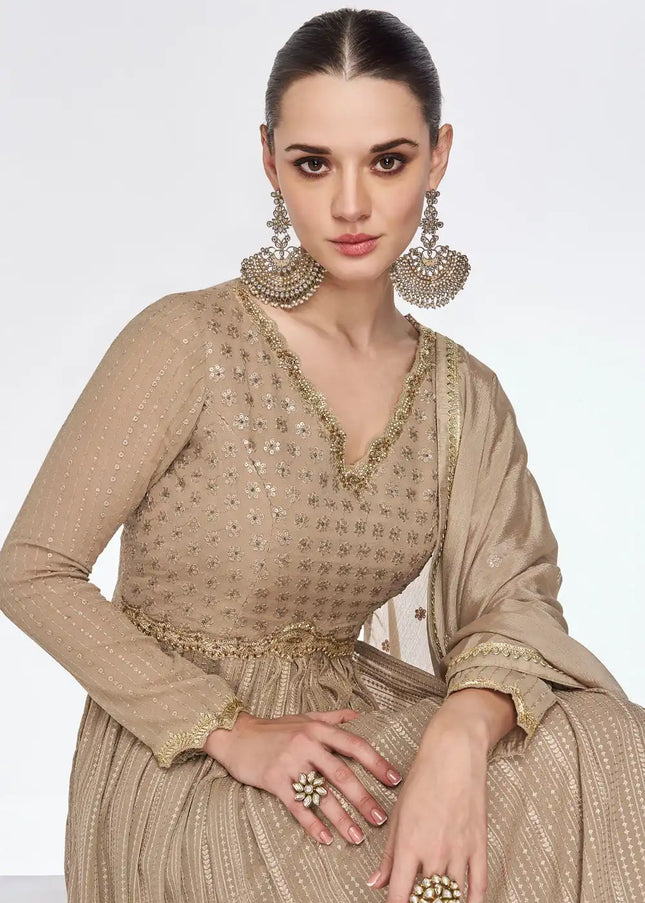 Beige Embroidered Palazzo Suit