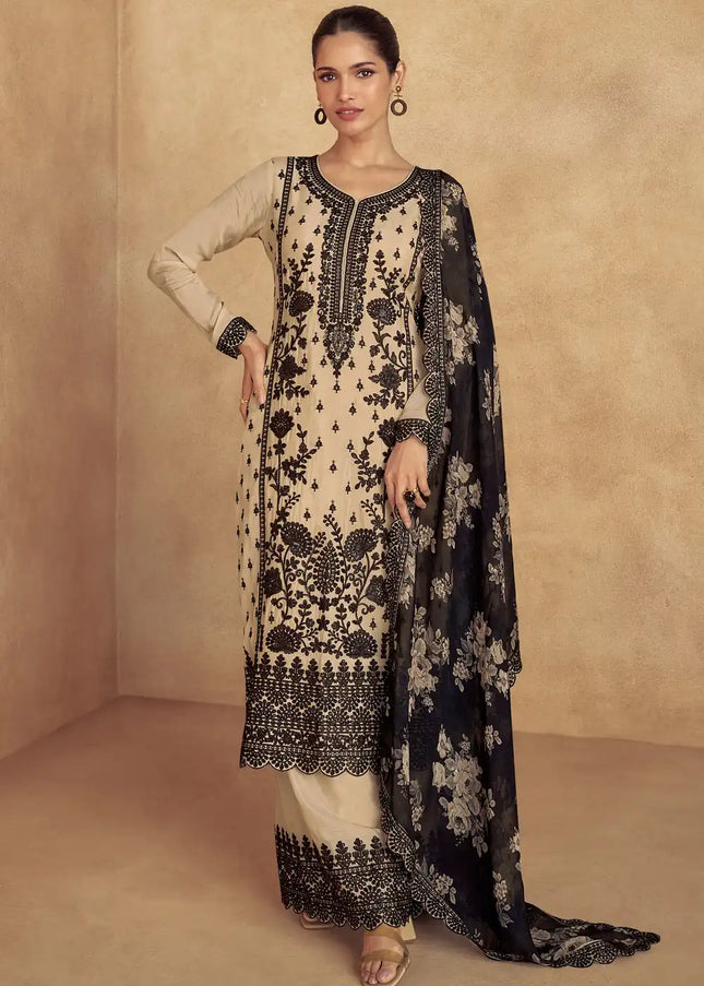 Beige Embroidered Sharara Suit