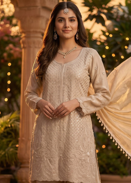 Beige Embroidered Sharara Suit