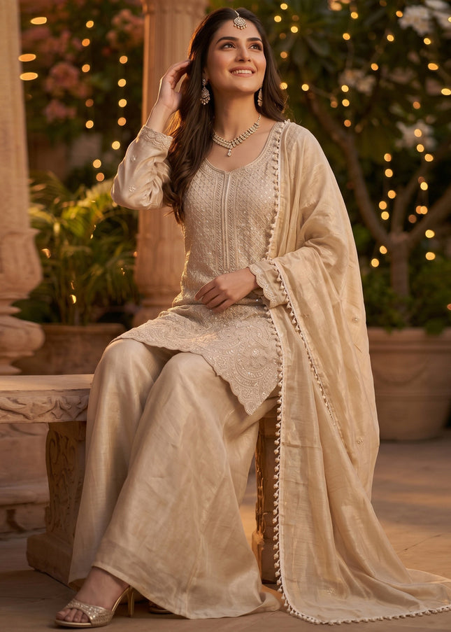 Beige Embroidered Sharara Suit