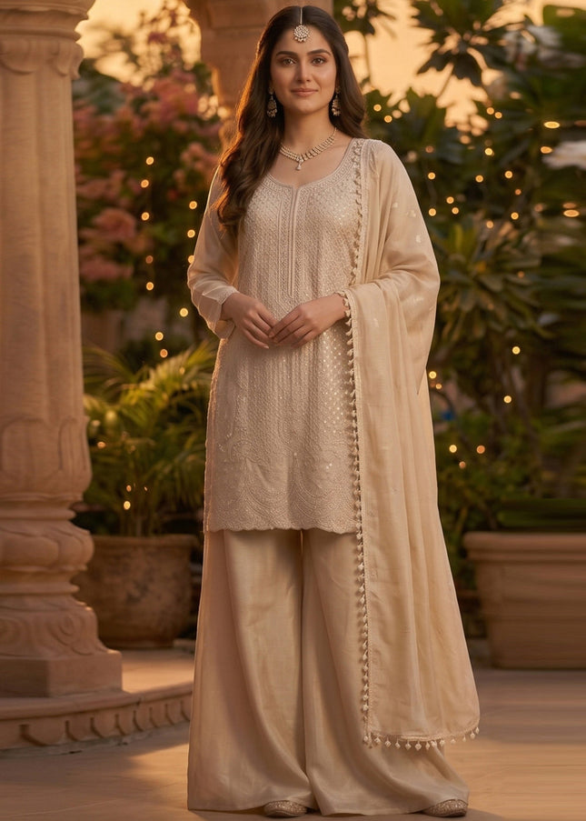 Beige Embroidered Sharara Suit