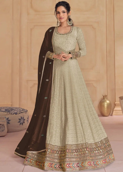 Beige Embroidered Anarkali Gown