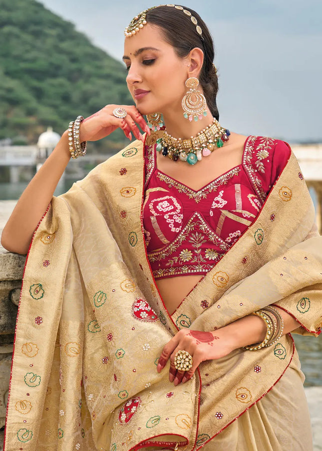 Beige and Red Embroidered Kanjivaram Silk Saree