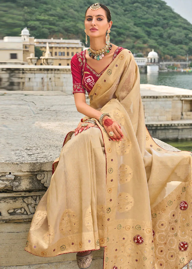 Beige and Red Embroidered Kanjivaram Silk Saree