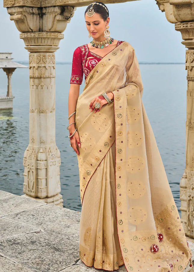 Beige and Red Embroidered Kanjivaram Silk Saree