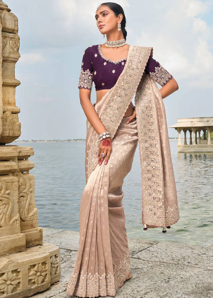 Light Peach and Purple Embroidered Kanjivaram Silk Saree