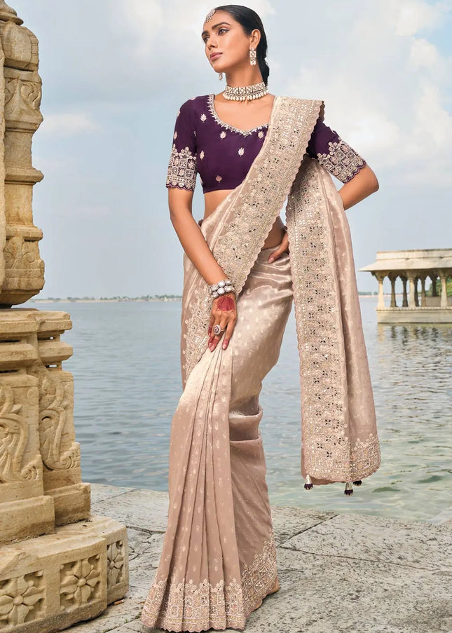 Light Peach and Purple Embroidered Kanjivaram Silk Saree