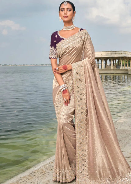 Light Peach and Purple Embroidered Kanjivaram Silk Saree