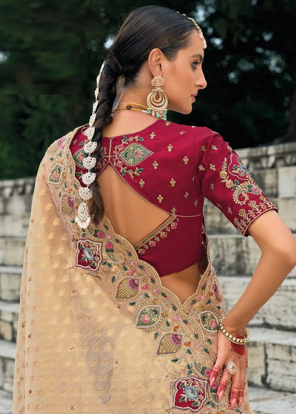 Beige and Red Embroidered Kanjivaram Silk Saree