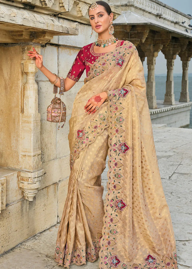 Beige and Red Embroidered Kanjivaram Silk Saree