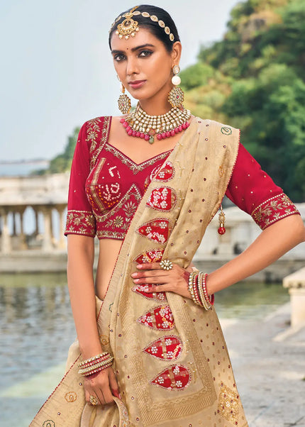 Beige and Red Embroidered Kanjivaram Silk Saree