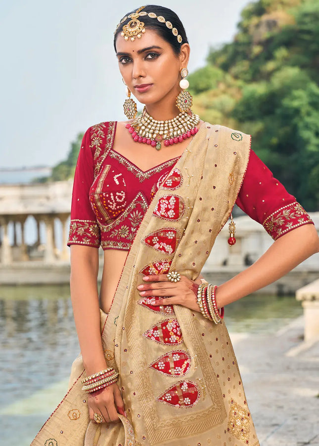 Beige and Red Embroidered Kanjivaram Silk Saree