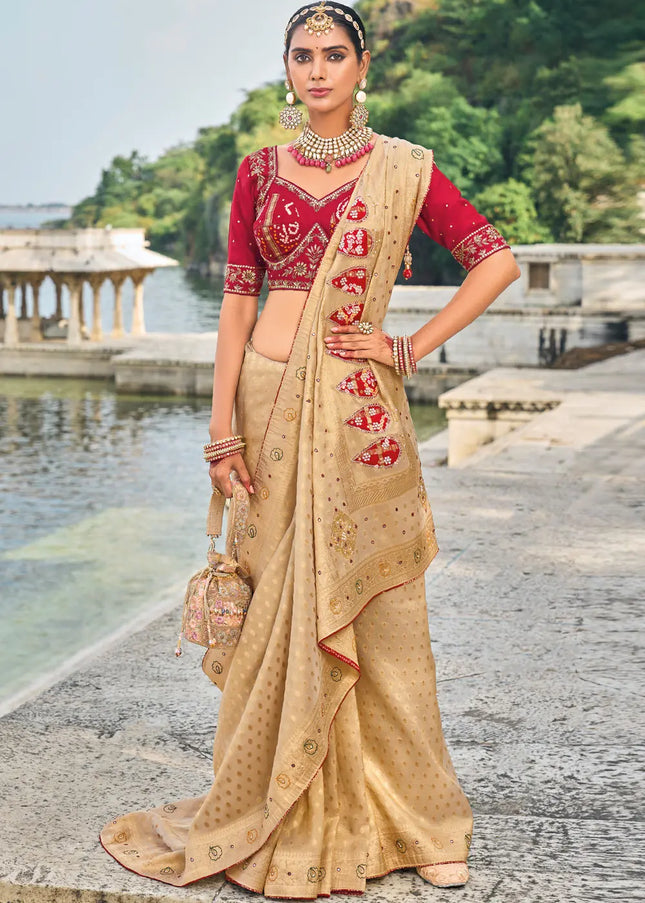 Beige and Red Embroidered Kanjivaram Silk Saree