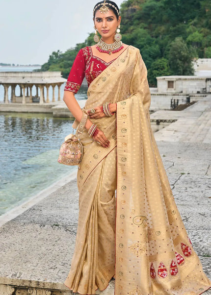 Beige and Red Embroidered Kanjivaram Silk Saree