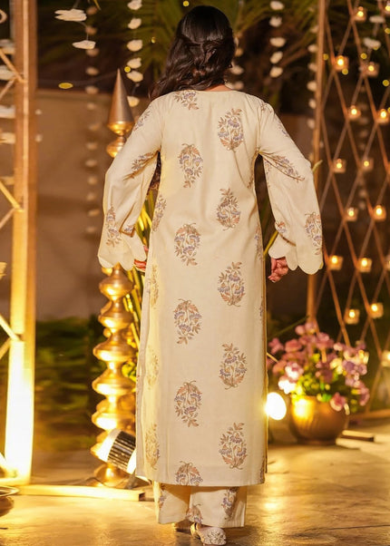 Cream Printed Pant Style Suit