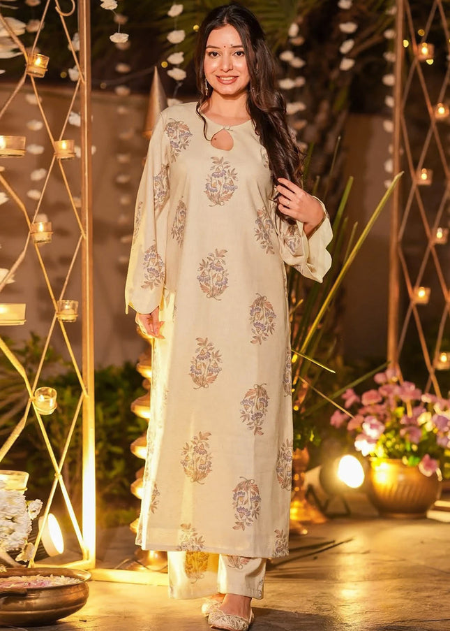 Cream Printed Pant Style Suit