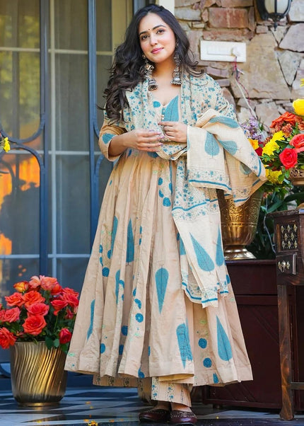 Cream Printed Anarkali Suit