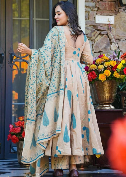 Cream Printed Anarkali Suit