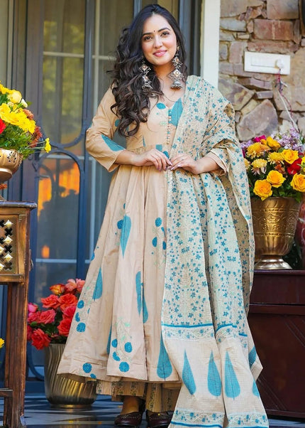 Cream Printed Anarkali Suit