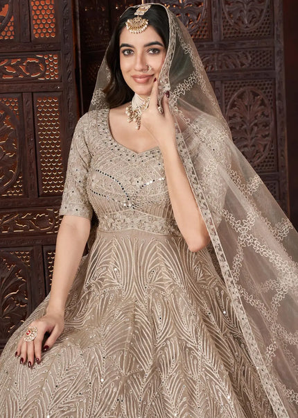 Beige Embroidered Anarkali Gown