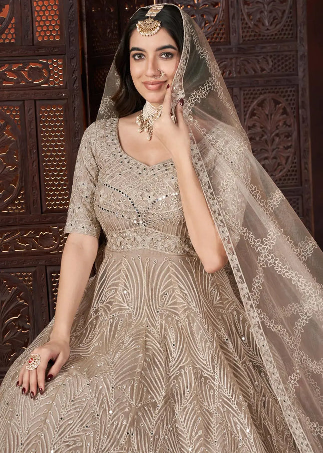 Beige Embroidered Anarkali Gown