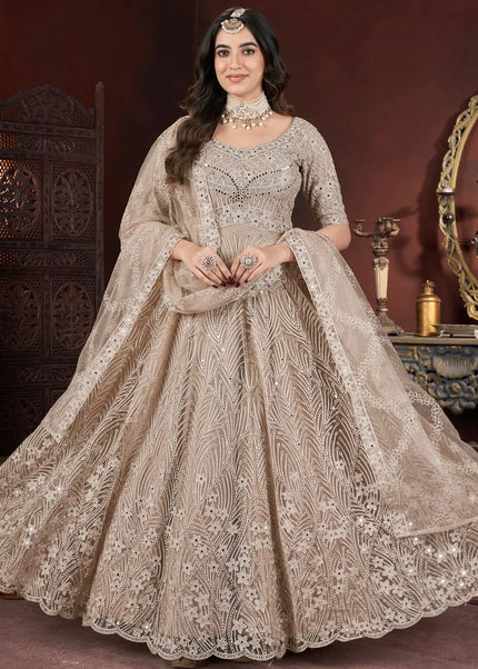 Beige Embroidered Anarkali Gown