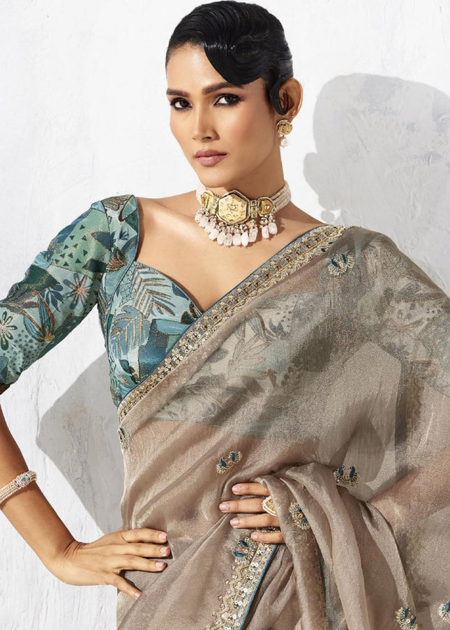 Beige Embroidered Festive Saree