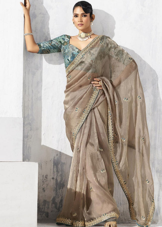 Beige Embroidered Festive Saree