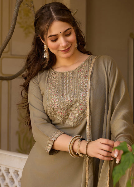 Beige Embroidered Pant Style Suit
