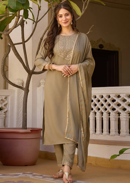 Beige Embroidered Pant Style Suit