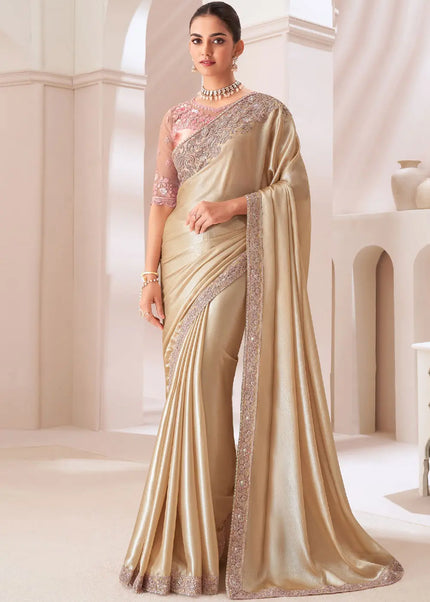 Beige Embroidered Partywear Saree