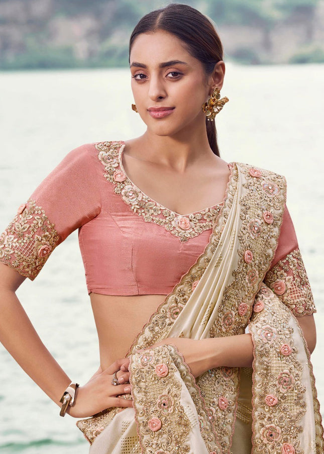 Beige and Peach Embroidered Wedding Saree