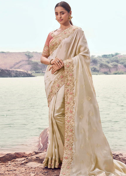 Beige and Peach Embroidered Wedding Saree