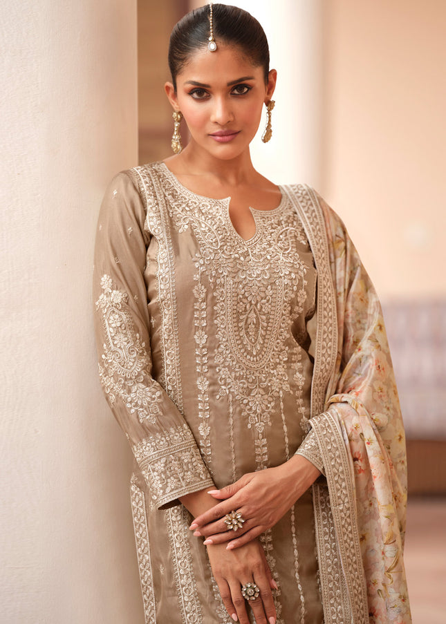 Beige Embroidered Sharara Suit